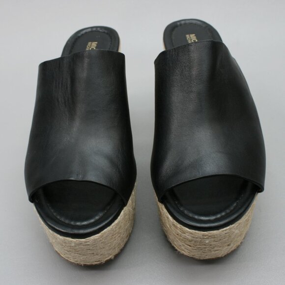 Michael Kors Ladies 9 M Wedge 2"-Platform Jute 4"-Heels Black Slides Mules Shoes - Picture 5 of 12